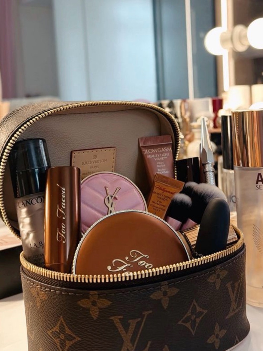 Louis Vuitton Monogram Makeup Pouch with Brown and Pink Accents